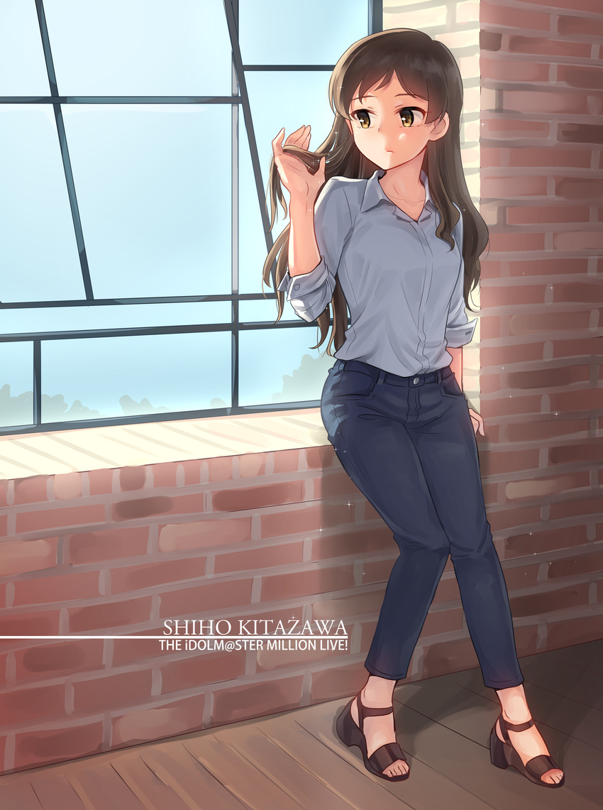 absurdres arm_support bangs brick_wall brown_footwear brown_hair casual character_name closed_mouth collarbone collared_shirt copyright_name denim dress_shirt eyebrows_visible_through_hair full_body hand_in_hair high_heels highres idolmaster idolmaster_million_live! indoors jeans kamille_(vcx68) kitazawa_shiho leaning light_frown long_hair long_sleeves looking_away open_toe_shoes pants shirt shoes sky solo sparkle swept_bangs wavy_hair white_shirt window windowsill wooden_floor yellow_eyes
