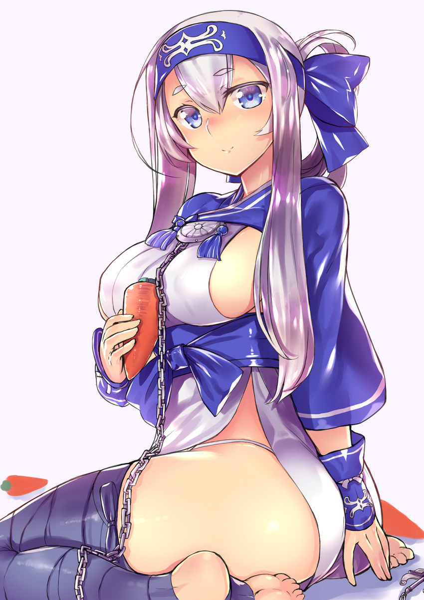 absurdres ainu_clothes black_legwear blue_eyes breasts carrot chain chiha_(abo_ecm_mk25) folded_ponytail hair_between_eyes headband highres kamoi_(kantai_collection) kantai_collection large_breasts lavender_background long_hair long_sleeves silver_hair simple_background smile solo toes