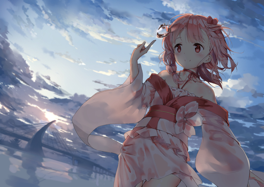 arm_at_side bare_shoulders blurry braid breasts bridge cloud cloudy_sky commentary_request daitai_sotogawa_(futomomo) depth_of_field dutch_angle flower hair_flower hair_ornament japanese_clothes kimono long_hair looking_at_viewer looking_to_the_side pink_hair pink_kimono sergestid_shrimp_in_tungkang single_braid sky small_breasts solo water wide_sleeves xuan_ying