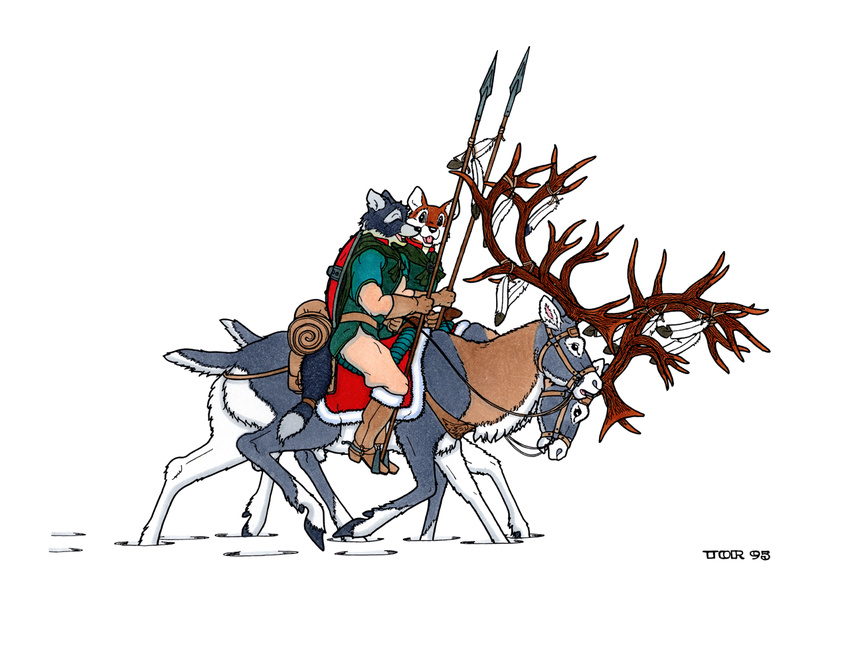 1995 anthro antlers balls boots bridle canine cervine clothed clothing feral footprints footwear fox gloves group hooves horn male mammal melee_weapon open_mouth polearm reindeer reins riding saddle shield side_view simple_background smile snow spear spurs tim_o'rourke walking weapon white_background winter wolf