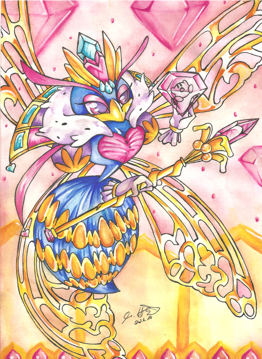 &lt;3 3_fingers ambiguous_gender arthropod bee blue_exoskeleton bracelet breasts crown duo feather_boa female floating_hands gem half_clossed_eyes insect insect_wings jewelry kirby kirby_(series) nintendo purple_eyes queen_sectonia staff stinger theakanemnon video_games wings yellow_exoskeleton