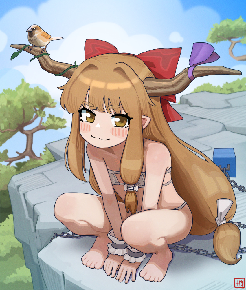1girl 4th_lol :3 barefoot bikini bird bird_on_horn blush chain cliff flat_chest highres horns ibuki_suika long_hair micro_bikini oni solo squatting swimsuit touhou tree