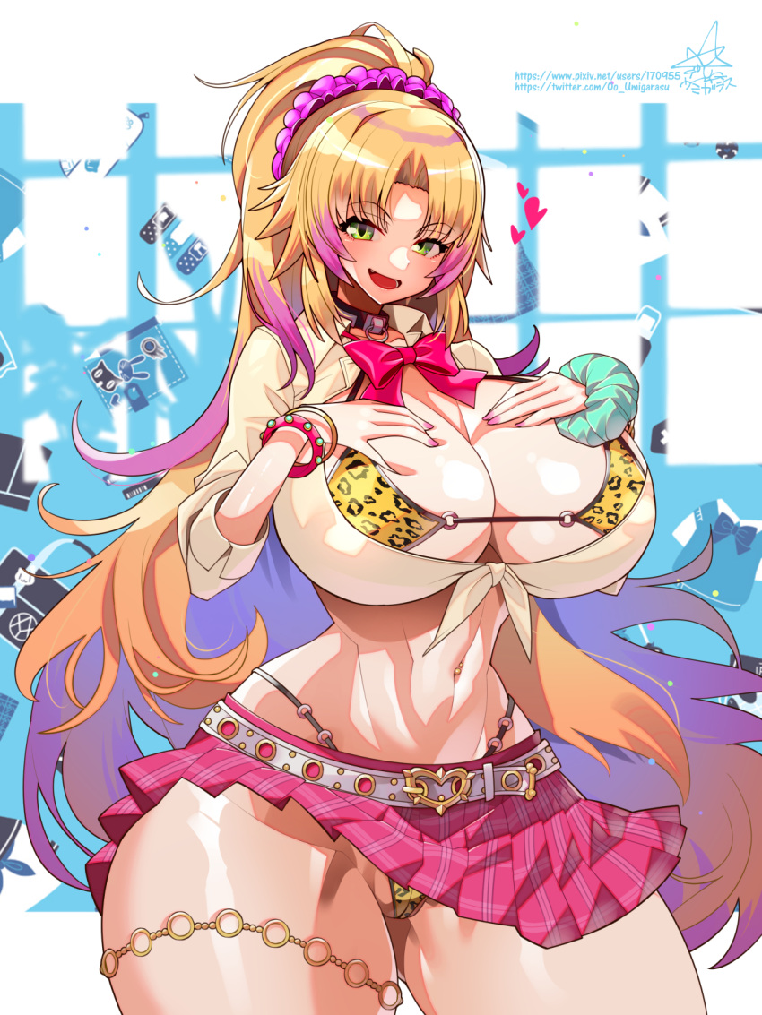1girl :d amesuku_gyaru animal_print ass_visible_through_thighs bag bangle barbariana_(last_origin) belt bikini black_choker blonde_hair blush bow bowtie bracelet breast_suppress breasts buckle cameltoe cat_print cellphone choker cleavage collarbone collared_shirt curvy fang floating_paper gem gold_thighlet gradient_hair green_eyes green_gemstone green_scrunchie groin gyaru hair_ornament hair_scrunchie handbag heart heart-shaped_buckle heart_belt_buckle highleg highleg_bikini highres huge_breasts indoors jewelry kogal last_origin leopard_print leopard_print_bikini light_particles linea_alba long_hair long_sleeves looking_at_viewer micro_bikini microskirt midriff multicolored_hair nail_polish navel navel_piercing o-ring o-ring_bikini o-ring_bikini_bottom o-ring_choker o-ring_thigh_strap o-ring_top official_alternate_costume open_mouth paizuri_invitation paper parted_bangs partially_visible_vulva phone piercing pink_bow pink_bowtie pink_hair pink_nails pink_skirt pixiv_id plaid_clothes plaid_skirt pleated_skirt ponytail purple_scrunchie rabbit_print revealing_clothes school_uniform scrunchie shiny_skin shirt signature skirt smile solo standing stomach streaked_hair sweater swimsuit teeth thick_thighs thigh_strap thighs thong thong_bikini tied_shirt tongue twitter_username umigarasu_(kitsune1963) underboob very_long_hair white_belt white_shirt wide_hips wrist_scrunchie