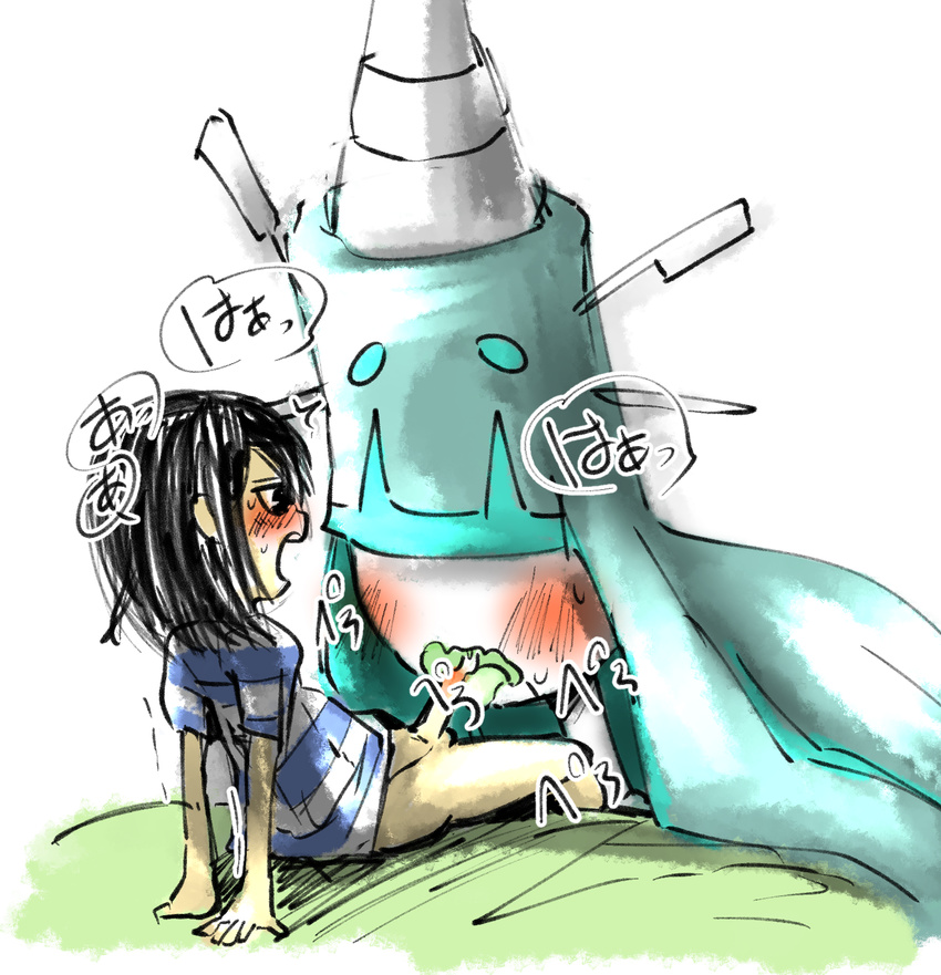 balls bamboo bangs bestiality black_hair blunt_bangs blush bottomless celesteela clothed clothing digital_media_(artwork) doneru duo fellatio female feral flora_fauna green_mouth green_tongue hair hair_sticks hands_behind_back hime_cut horn human human_on_feral humanoid interspecies japanese_text kemono long_hair long_neck male mammal nintendo oral penis plant pok&eacute;mon pok&eacute;mon_trainer pok&eacute;philia sex shirt short_hair simple_background sitting size_difference sweat teal_hair text tongue tongue_out ultra_beast video_games white_background white_horn