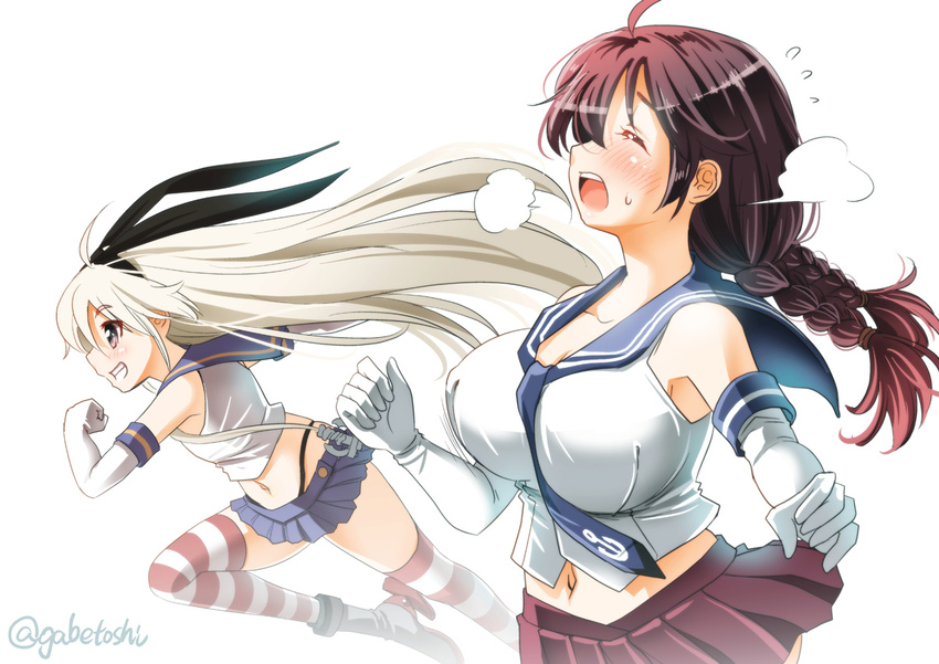 ahoge animal_ears between_breasts blonde_hair blush bouncing_breasts braid breasts brown_eyes bunny_ears closed_eyes collarbone commentary_request elbow_gloves exhausted eyebrows eyebrows_visible_through_hair g-string girly_running gloves hair_over_one_eye kantai_collection large_breasts long_hair midriff multiple_girls navel necktie necktie_between_breasts noshiro_(kantai_collection) open_mouth panties pleated_skirt rudder_shoes running shimakaze_(kantai_collection) simple_background skirt smile sogabe_toshinori striped striped_legwear teeth thong twin_braids twitter_username underwear upper_body white_background