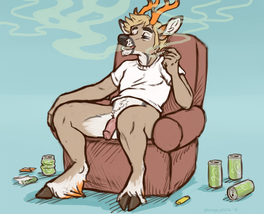 2016 anthro antlers balls blue_background blue_eyes body_hair bottomless brown_fur can cervine chair chewycuticle clothed clothing daylo deer drugs flaccid fur happy_trail hooves horn humanoid_penis lighter male mammal marijuana penis pink_penis pubes shirt simple_background smoking solo t-shirt