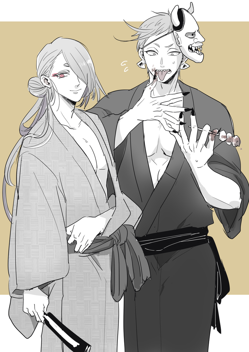 50yen absurdres earrings fan finger_licking fingernails folding_fan food hair_over_one_eye highres ima-no-tsurugi iwatooshi japanese_clothes jewelry kimono licking male_focus mask monochrome multiple_boys oden older oni_mask pectorals sharp_fingernails skewer smile tongue tongue_out touken_ranbu yukata