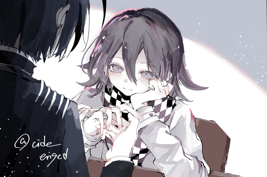 2boys black_hair blush buttons checkered_clothes checkered_scarf danganronpa_(series) danganronpa_v3:_killing_harmony flipped_hair hair_between_eyes haizai_(cide_erised) highres holding_hands jacket light_smile long_sleeves male_focus medium_hair multiple_boys oma_kokichi pale_skin purple_eyes purple_hair saihara_shuichi scarf scene_reference short_hair sitting smile solo_focus table twitter_username two-tone_scarf upper_body yaoi