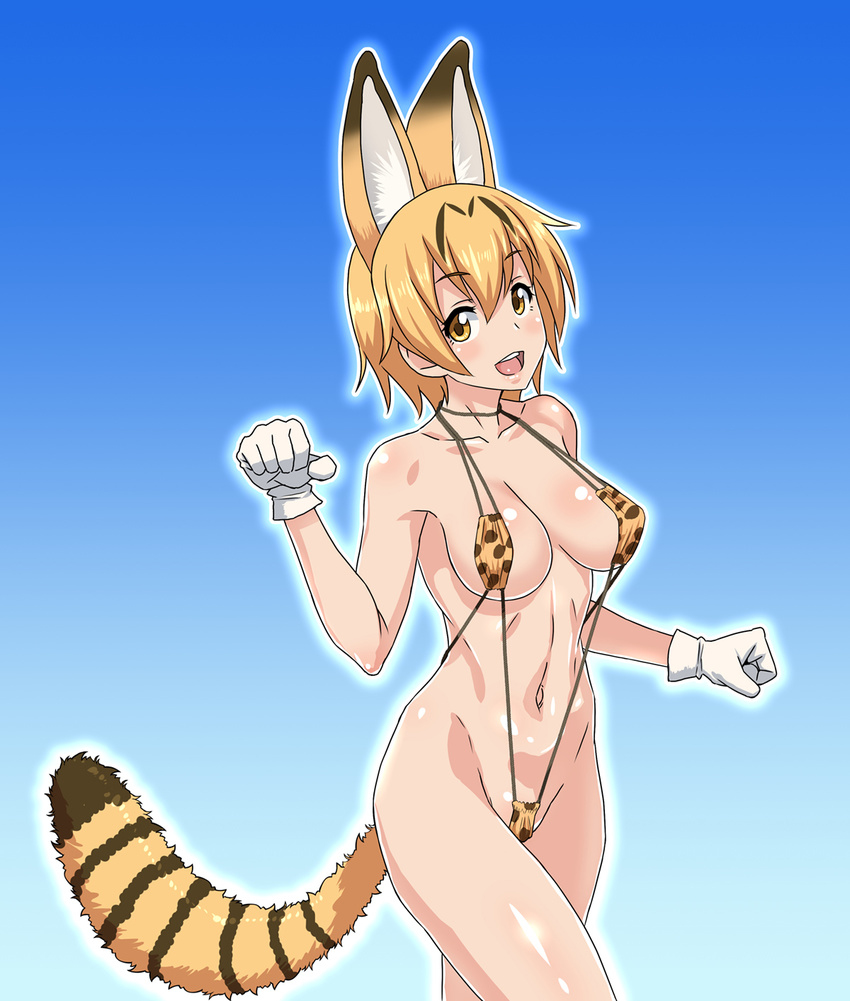 :d animal_ears blonde_hair blue_background blush breasts brown_eyes circle_echime collarbone cowboy_shot eyebrows_visible_through_hair from_side gloves gradient gradient_background groin hair_between_eyes head_tilt highres kemono_friends md5_mismatch medium_breasts navel open_mouth outline paw_pose serval_(kemono_friends) serval_ears serval_print serval_tail slingshot_swimsuit smile solo striped_tail swimsuit tail white_gloves