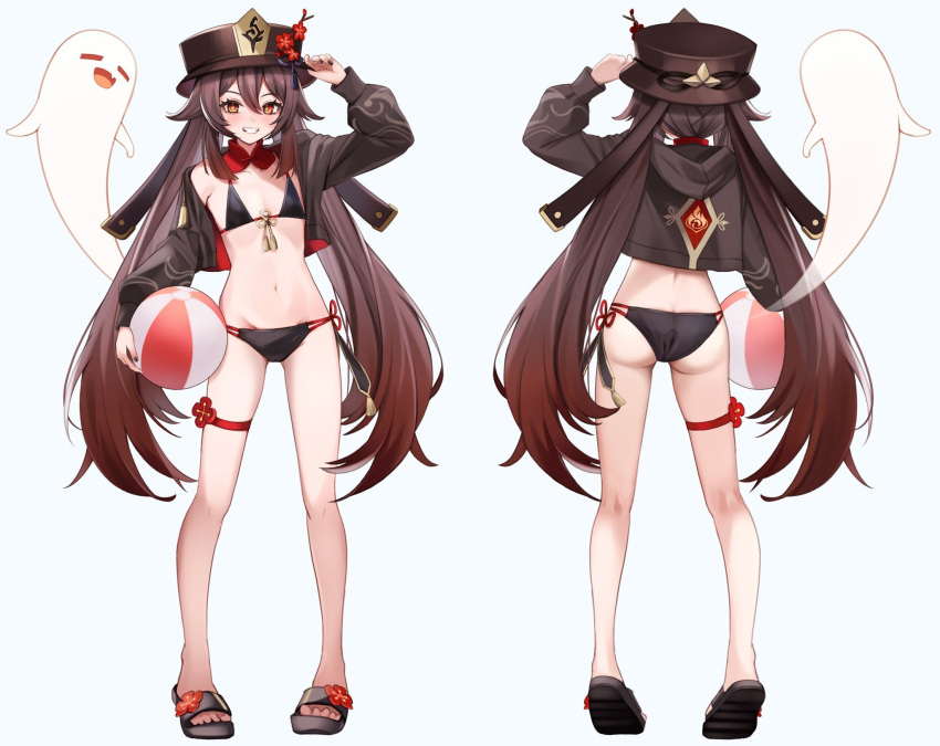 1girl :d =_= adapted_costume adjusting_clothes adjusting_headwear arm_up ass ball beachball bikini black_bikini black_nails boo_tao_(genshin_impact) brown_hair brown_jacket clenched_teeth commentary_request cropped_jacket flower flower-shaped_pupils from_behind full_body genshin_impact grin hat hat_flower hat_tassel highres holding holding_ball hood hooded_jacket hu_tao_(genshin_impact) jacket kneepits long_hair looking_at_viewer plum_blossoms porkpie_hat red_eyes sandals side-tie_bikini_bottom simple_background smile soles swimsuit symbol-shaped_pupils tassel teeth thighs twintails white_background yutoriko_(candy0905)