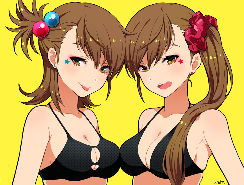 :p bikini_top breast_press breasts brown_eyes brown_hair cleavage cleavage_cutout earrings facial_mark futami_ami futami_mami highres idolmaster idolmaster_(classic) jewelry long_hair looking_at_viewer looking_to_the_side medium_breasts multiple_girls older open_mouth ram_(ramlabo) scrunchie short_hair siblings side_ponytail sisters skindentation smile swimsuit symmetrical_docking tongue tongue_out twins yellow_background