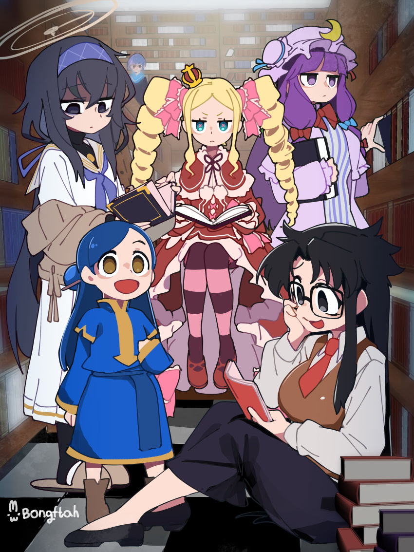 6+girls :d absurdres artist_name bags_under_eyes beatrice_(re:zero) black_hair black_pants blonde_hair blue_archive blue_bow blue_dress blue_eyes blue_hair blue_hairband blue_sailor_collar bongfill book bookshelf bow brown_halo brown_vest cardigan commentary crescent crescent_hat_ornament crossover crown dress drill_hair empty_eyes glasses grey_eyes hair_ribbon hairband halo hand_on_own_cheek hand_on_own_face hat hat_ornament highres holding holding_book honzuki_no_gekokujou indoors jitome kita_high_school_uniform library long_hair long_sleeves looking_at_another looking_at_viewer mini_crown mob_cap multiple_crossover multiple_girls myne_(honzuki_no_gekokujou) nagato_yuki neckerchief necktie open_book pants patchouli_knowledge pile_of_books purple_hair purple_hairband purple_neckerchief re:zero_kara_hajimeru_isekai_seikatsu read_or_die rectangular_eyewear red_bow red_necktie ribbon sailor_collar school_uniform serafuku sidelocks sitting slippers smile striped_clothes striped_thighhighs suzumiya_haruhi_no_yuuutsu symbol-only_commentary symbol-shaped_pupils thighhighs tile_floor tiles touhou trait_connection twin_drills ui_(blue_archive) v-shaped_eyebrows vest white_serafuku winter_uniform yellow_eyes yomiko_readman
