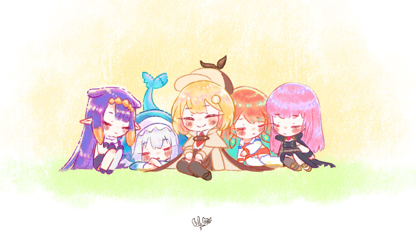 5girls black_thighhighs blonde_hair blue_hair blue_hoodie blush brown_coat brown_hat chibi closed_eyes coat commentary crossed_arms deerstalker elmi_hikaribi english_commentary english_text gawr_gura gawr_gura_(1st_costume) gradient_hair hat highres hololive hololive_english holomyth hood hood_up hoodie knees_to_chest long_hair mori_calliope mori_calliope_(1st_costume) multicolored_hair multiple_girls necktie ninomae_ina'nis ninomae_ina'nis_(1st_costume) orange_hair pink_hair pointy_ears purple_hair red_necktie short_hair signature simple_background sitting sleeping smile takanashi_kiara takanashi_kiara_(1st_costume) thighhighs virtual_youtuber watson_amelia watson_amelia_(1st_costume) white_background white_hair