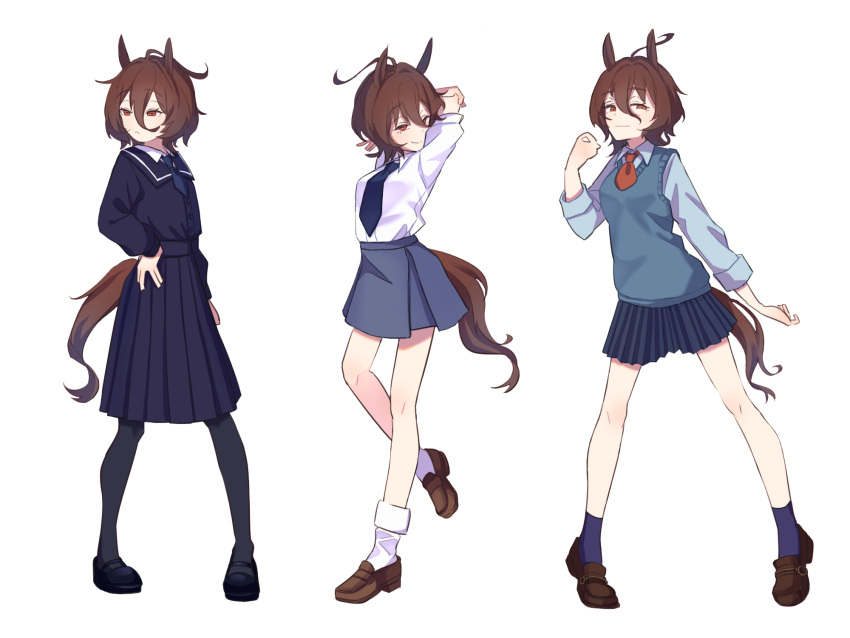 1girl :< agnes_tachyon_(umamusume) ahoge alternate_costume animal_ears ankle_socks arms_up bare_legs black_shoes blue_necktie blue_sailor_collar blue_shirt blue_skirt blue_socks brown_hair brown_shoes brown_tail collared_shirt commentary_request full_body grey_pantyhose grey_skirt grey_sweater_vest hand_on_own_hip highres horse_ears horse_girl horse_tail loafers long_sleeves looking_at_viewer looking_to_the_side loose_socks mary_janes medium_hair medium_skirt miniskirt multiple_views necktie pantyhose puffy_long_sleeves puffy_sleeves red_eyes red_necktie sailor_collar school_uniform shirt shoes short_necktie sidelocks simple_background skirt sleeves_rolled_up socks standing sweater_vest tail tenagaebi umamusume white_background white_shirt white_socks