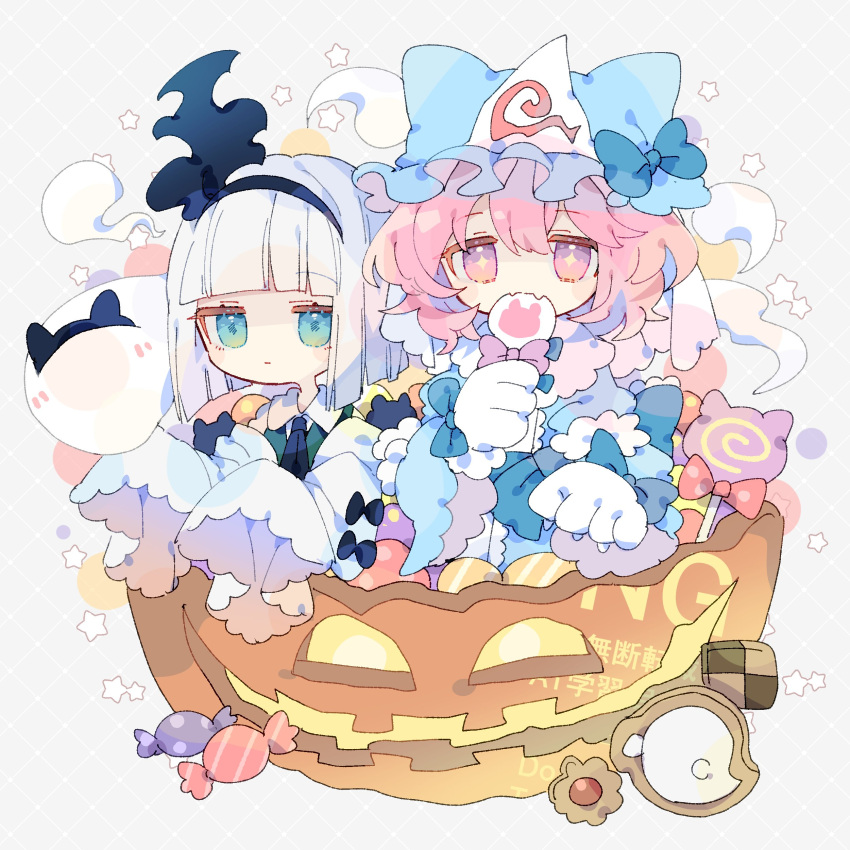 +_+ 2girls absurdres animal_ear_headwear animal_hands ascot black_ascot black_hairband blue_hat blue_kimono blunt_bangs blunt_ends blush_stickers candy checkerboard_cookie closed_mouth collared_shirt commentary cookie eating food gloves green_eyes green_vest grey_background hairband hat highres holding holding_candy holding_food holding_lollipop jack-o'-lantern japanese_clothes kimono konpaku_youmu konpaku_youmu_(ghost) lollipop long_sleeves looking_at_viewer mob_cap multiple_girls nikorashi-ka paw_gloves pink_eyes pink_hair saigyouji_yuyuko shirt short_hair simple_background sleeves_past_fingers sleeves_past_wrists symbol-only_commentary touhou triangular_headpiece vest watermark white_gloves white_hair white_shirt wrapped_candy
