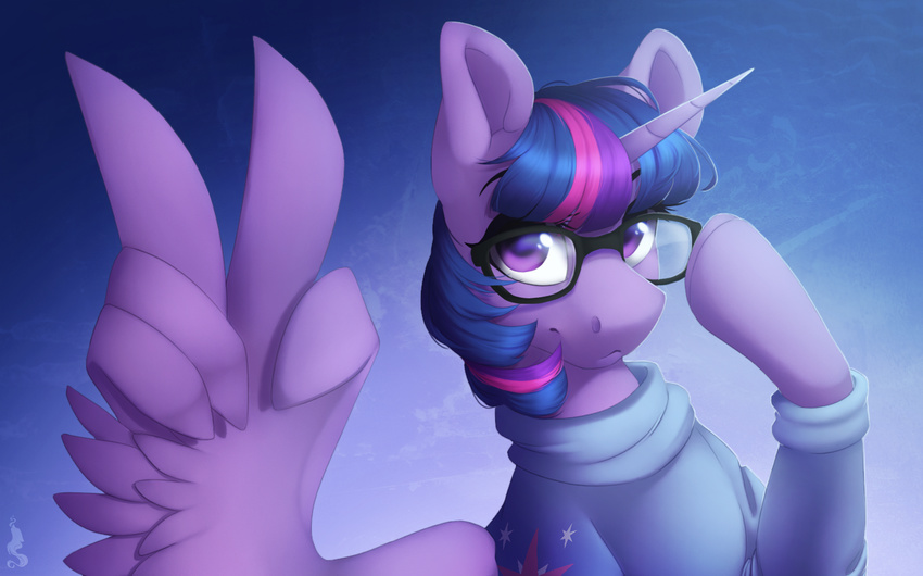 clothed clothing equine eyewear feathered_wings feathers female feral friendship_is_magic fur glasses gradient_background hair hooves horn mammal my_little_pony purple_eyes purple_feathers purple_fur purple_hair silentwulv simple_background solo twilight_sparkle_(mlp) winged_unicorn wings