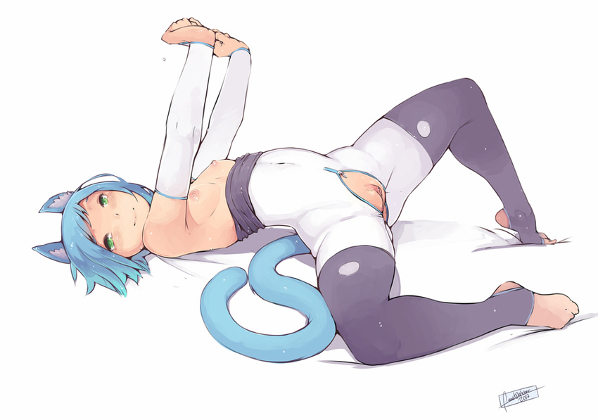 animal_ears barefoot blue_hair blush bodysuit bodysuit_pull breasts bridal_gauntlets cat_ears cat_tail clitoral_hood clitoris crotch_zipper crotchless_clothes elbow_gloves faustsketcher full_body gloves green_eyes looking_at_viewer lying naomi_(faustsketcher) nipples on_back original plantar_flexion pussy short_hair signature simple_background small_breasts smile socks solo stirrup_legwear stretch tail thighhighs toeless_legwear uncensored zipper