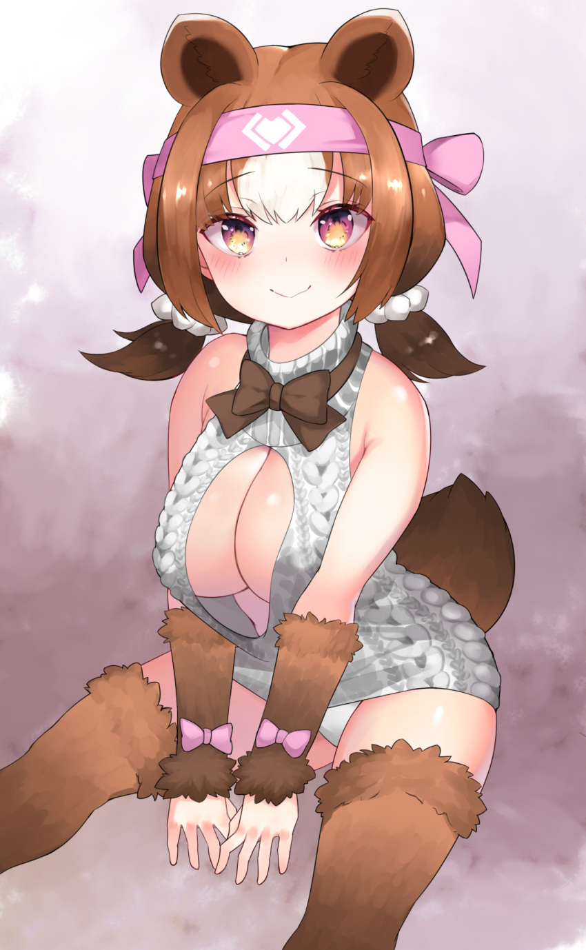 1girl animal_ears aran_sweater bare_shoulders bear_ears bear_tail blush bow bowtie breasts brown_hair brown_neckwear choir_(artist) cleavage_cutout commentary_request eyebrows_visible_through_hair hair_ornament hair_scrunchie hairband highres kemono_friends kodiak_bear_(kemono_friends) large_breasts long_hair looking_at_viewer low_twintails multicolored_hair panties pink_eyes pink_hairband scrunchie short_twintails sitting smile solo sweater tail twintails two-tone_hair underwear white_hair white_panties white_scrunchie white_sweater