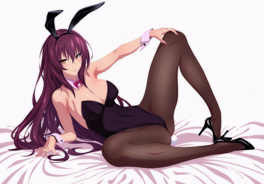 absurdres animal_ears ass_visible_through_thighs breasts brown_eyes brown_legwear bunny_ears bunny_girl bunny_tail bunnysuit cleavage closed_mouth detached_collar fake_animal_ears fate/grand_order fate_(series) fingernails full_body hairband high_heels highres large_breasts leotard lips long_fingernails long_hair looking_at_viewer lying nail_polish on_side pantyhose purple_hair scathach_(fate)_(all) scathach_(fate/grand_order) smile solo tail tsurime ulrich_(tagaragakuin) wrist_cuffs