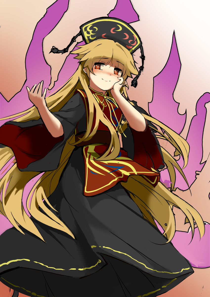 absurdres black_dress blonde_hair blush chinese_clothes closed_mouth crescent dress energy fox_tail hand_on_own_cheek hat highres junko_(touhou) long_hair long_sleeves looking_at_viewer nose_blush red_eyes sancking_(fatekl) sash smile solo tabard tail touhou wide_sleeves