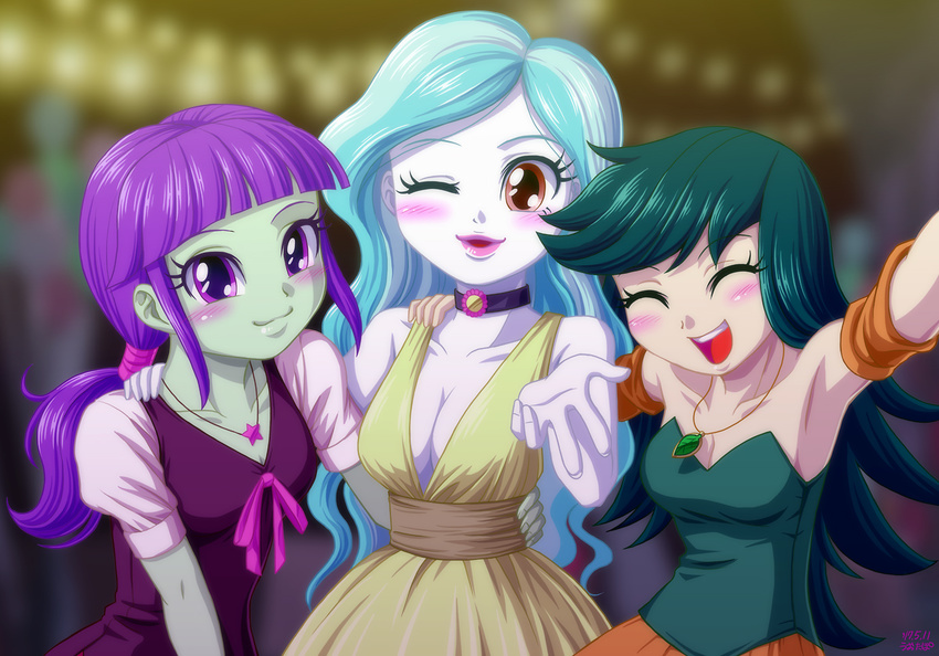3girls armpit blown_kiss blue_hair brown_eyes cleavage dress green_hair green_skin long_hair multicolored_hair multiple_girls my_little_pony my_little_pony_equestria_girls my_little_pony_friendship_is_magic necklace paisley_(mlp) pigtails purple_eyes purple_hair starlight two-tone_hair uotapo white_skin wink