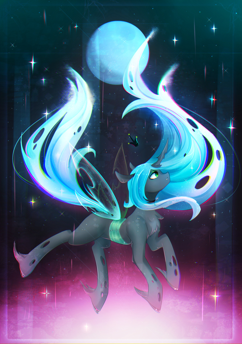 blue_hair changeling female feral friendship_is_magic green_eyes hair hooves insect_wings koveliana my_little_pony queen_chrysalis_(mlp) solo wings