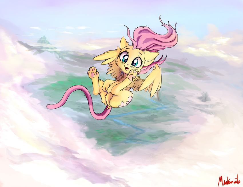 2017 alternate_species cutie_mark feathered_wings feathers feral fluttershy_(mlp) friendship_is_magic fur hair mammal miokomata mountain my_little_pony open_mouth outside paws pink_hair solo wings