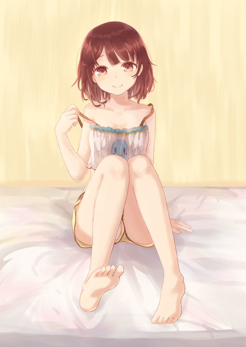 atelier_(series) atelier_sophie barefoot blush_stickers breasts brown_eyes brown_hair camisole character_print cleavage closed_mouth collarbone eyebrows_visible_through_hair feet full_body head_tilt highres knees_together_feet_apart looking_at_viewer maka_neko medium_breasts panties puni_(atelier) shorts sitting smile solid_oval_eyes solo sophie_neuenmuller strap_pull underwear white_panties yellow_shorts