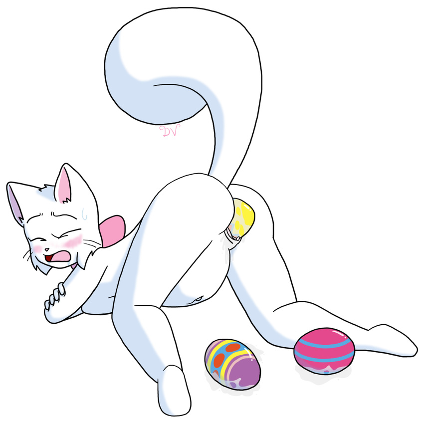 all_fours anthro bittersweet_candy_bowl blue_eyes blush bow breasts butt cat dawnvula easter egg feline female fur holidays lucy_(bcb) mammal nude oviposition pain pregnant pussy pussy_juice raised_tail solo spreading sweat teenager white_fur young