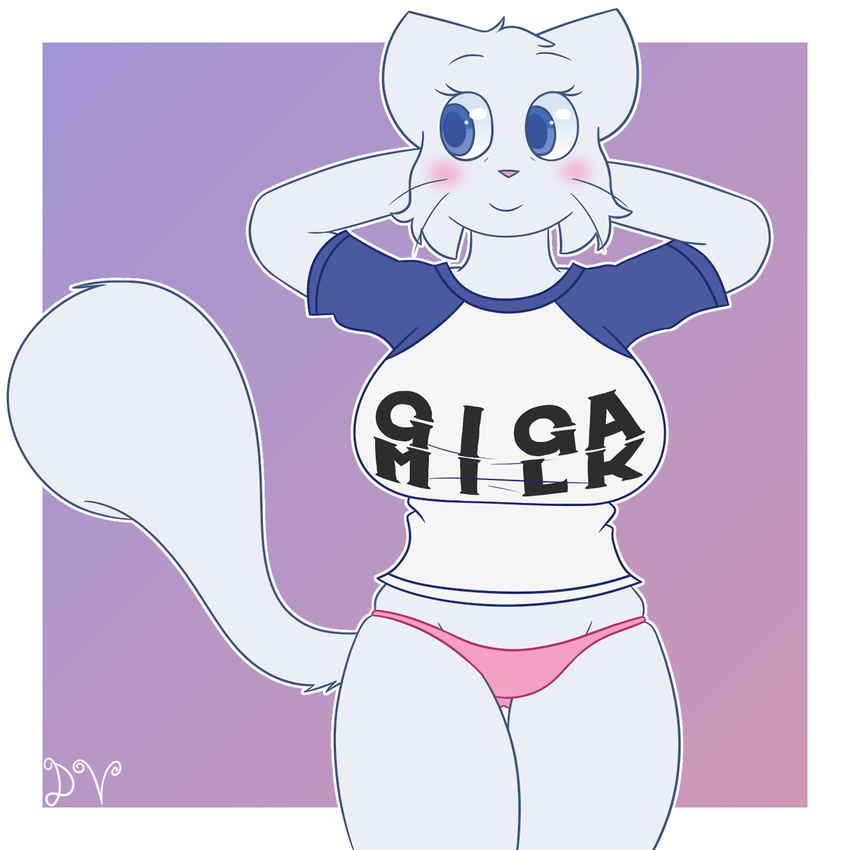 anthro big_breasts bikini bittersweet_candy_bowl blue_eyes blush breasts cat clothed clothing dawnvula english_text feline female fur lucy's_mom_(bcb) mammal mega_milk meme mother panties parent shirt simple_background smile solo standing swimsuit text underwear white_fur wide_hips