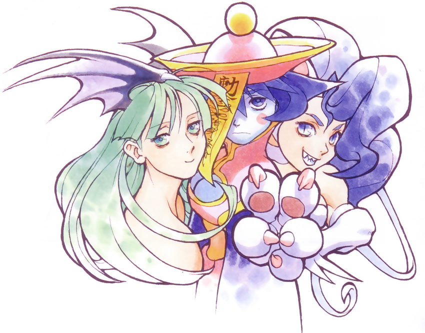 90s animal_ears bat_wings bengus blue_eyes blue_hair blue_skin breasts claws cleavage demon_girl felicia flipped_hair fur green_hair hat highres jiangshi lei_lei medium_breasts monster_girl morrigan_aensland multiple_girls official_art ofuda simple_background succubus vampire_(game) wings