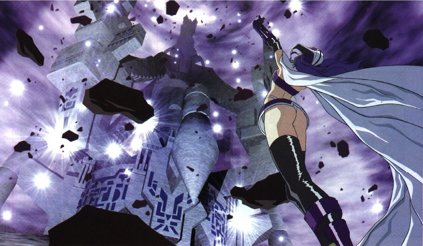 ass blue_hair cape castle elbow_gloves gloves kubooka_toshiyuki legs long_legs luna_noah lunar lunar:_the_silver_star microskirt official_art panties purple_hair revealing_clothes skirt solo thighhighs thighs thong underwear upskirt