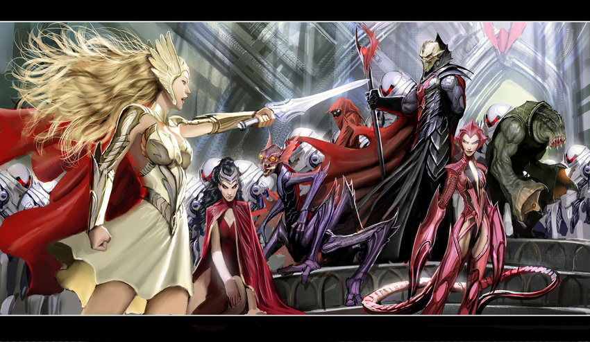 alien android arm_guards armor army black_hair blonde_hair breastplate cape catra claws emblem epic fantasy gate highres holding holding_sword holding_weapon hordak horde_trooper leech_(she-ra) long_hair mantenna masters_of_the_universe monster multiple_boys multiple_girls muscle pointing_sword realistic red_eyes redesign robot science_fiction scorpia shadow_weaver she-ra skirt soldier staff standing stjepan_sejic sword sword_of_protection tail weapon
