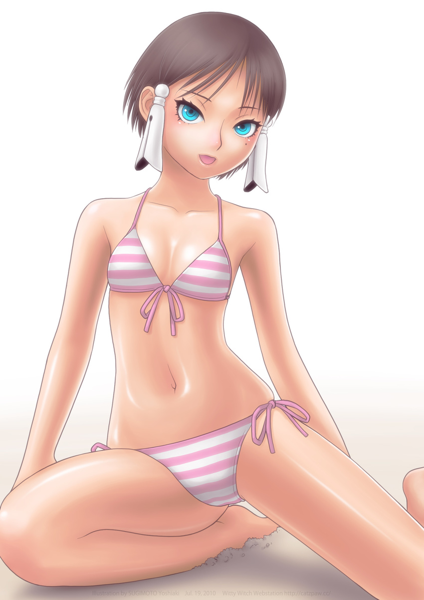 bikini blue_eyes brown_hair flat_chest front-tie_top halcyon_lunch highres hiyosu_(hl) navel shiny shiny_skin short_hair simple_background skindentation solo striped striped_bikini striped_swimsuit sugimoto_yoshiaki swimsuit