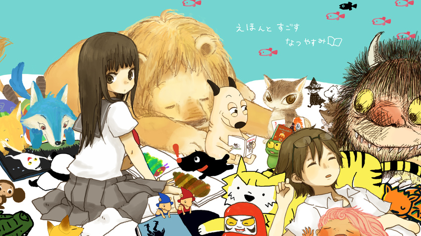 2girls brown_hair character_request cheburashka crossover drawing folklore highres lion moomin moomintroll multiple_crossover multiple_girls school_uniform serafuku snufkin where_the_wild_things_are yukke