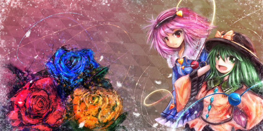 :d argyle argyle_background bad_id bad_pixiv_id blue_flower blue_rose bow dot_heit eyes flower frills gathers green_eyes green_hair hairband hat heart highres komeiji_koishi komeiji_satori long_hair multiple_girls no_nose open_mouth pink_hair red_eyes rose short_hair siblings sisters smile touhou yellow_flower yellow_rose