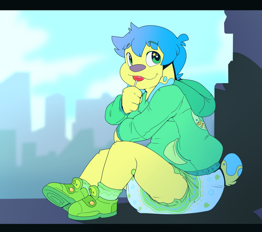 anthro candy canid canine canis clothing cub cuddlehooves diaper dog eating food happy hoodie looking_at_viewer mammal outside sitting smile solo young