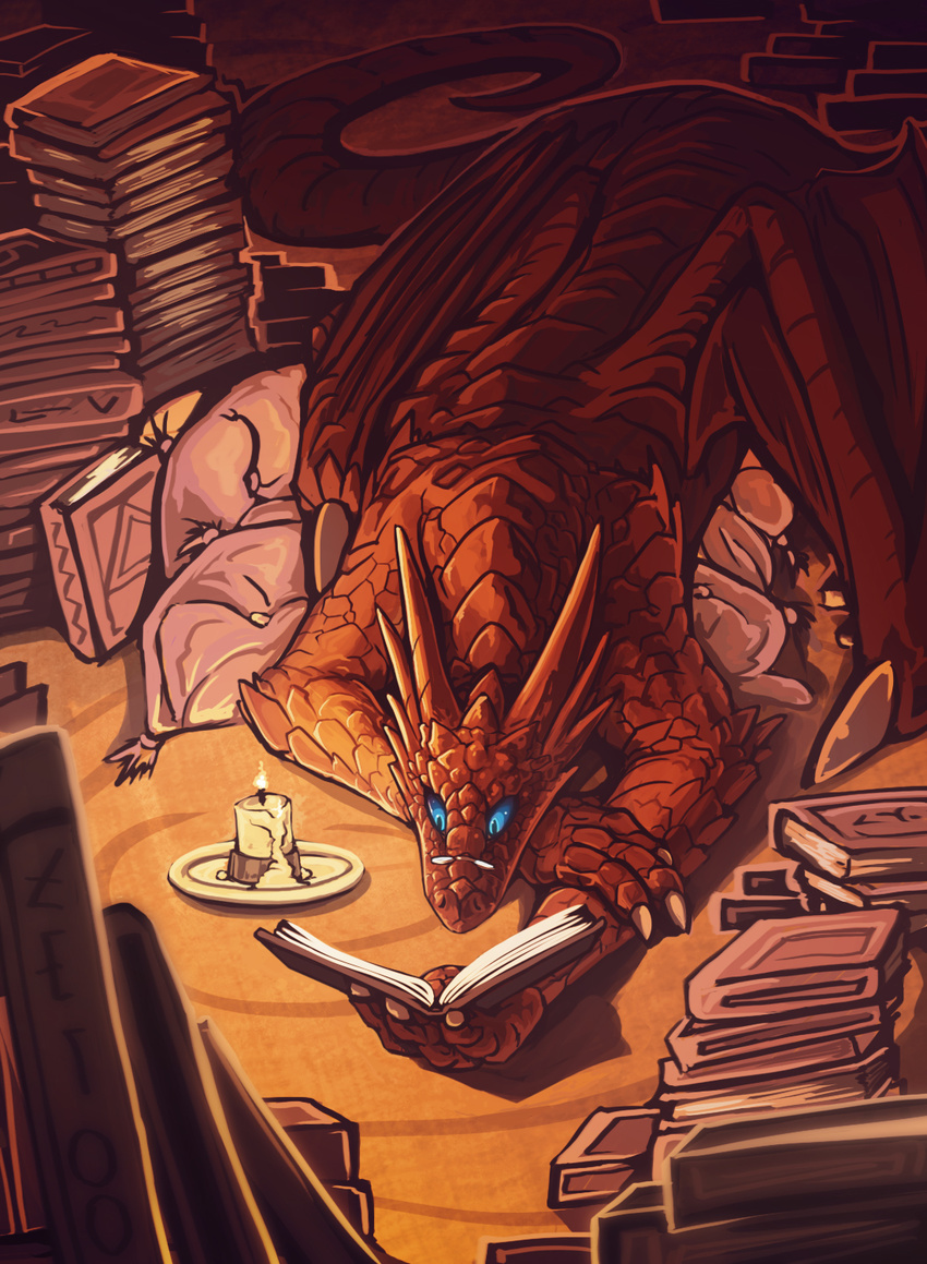 blue_eyes book chromamancer claws detailed_background dragon feral horn membranous_wings reading scalie solo western_dragon wings