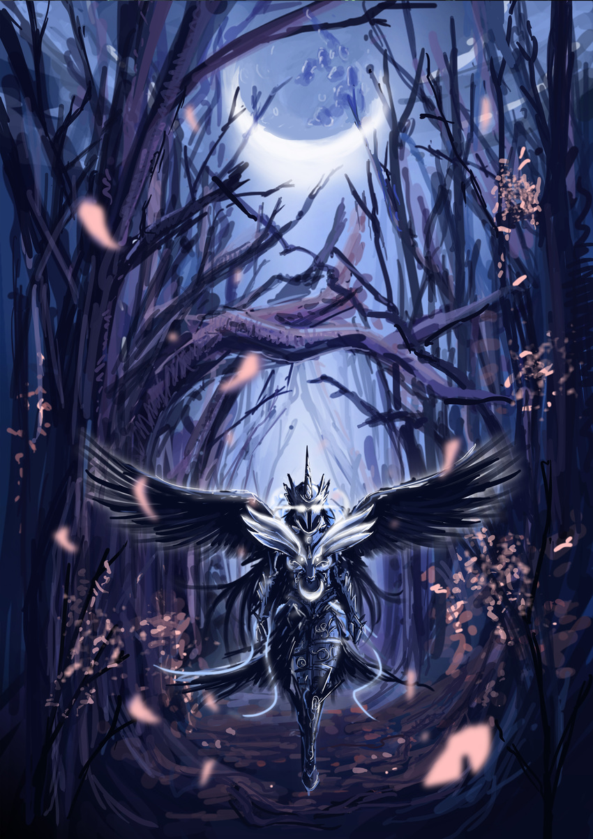 2013 amazing anthro anthrofied armor blue_feathers cool_colors detailed_background digital_media_(artwork) equine feathered_wings feathers female forest friendship_is_magic glowing glowing_eyes hi_res horn mammal moon my_little_pony night outside princess_luna_(mlp) restricted_palette royalty sky solo tree uzukinokaze winged_unicorn wings