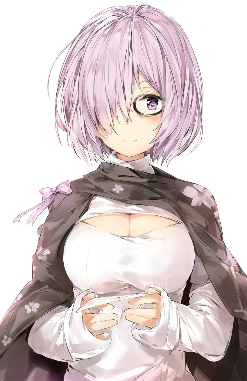 blush breasts cape cleavage_cutout fate/grand_order fate_(series) glasses hair_over_one_eye highres letter looking_at_viewer love_letter mash_kyrielight medium_breasts meme_attire open-chest_sweater purple_eyes purple_hair short_hair silver_(chenwen) simple_background sleeves_past_wrists smile solo sweater white_background