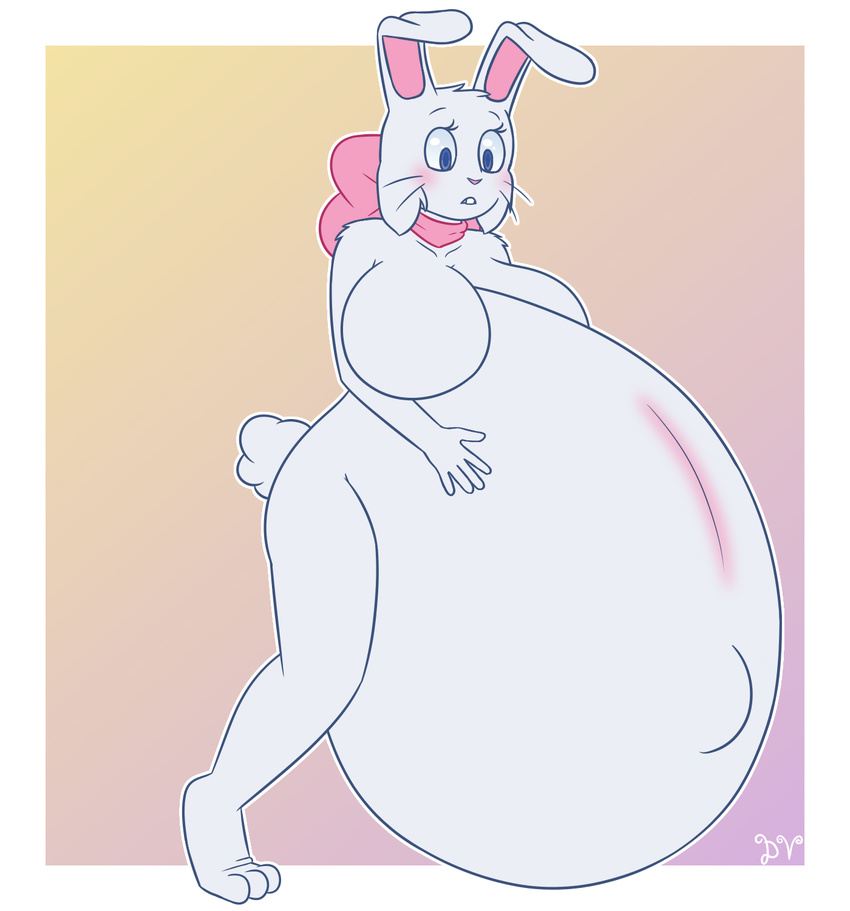 2017 anthro belly big_belly big_breasts bittersweet_candy_bowl blush bow breasts bunny_ears_(disambiguation) dawnvula easter female fur hi_res holidays huge_breasts hyper hyper_belly inflation lagomorph lucy_(bcb) mammal navel nude pink_nose pregnant rabbit simple_background solo standing teenager transformation webcomic whiskers white_fur young