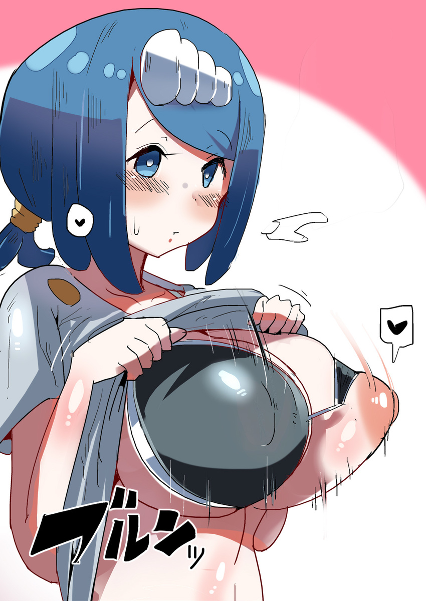 1girl areola_slip areolae blush bouncing_breasts breast_slip breasts erect_nipples geeru_magajin heart highres large_breasts milf nipple_slip nipples one_breast_out pokemon pokemon_(anime) pokemon_sm_(anime) pout shirt_lift suiren's_mother_(pokemon) sweatdrop thought_bubble