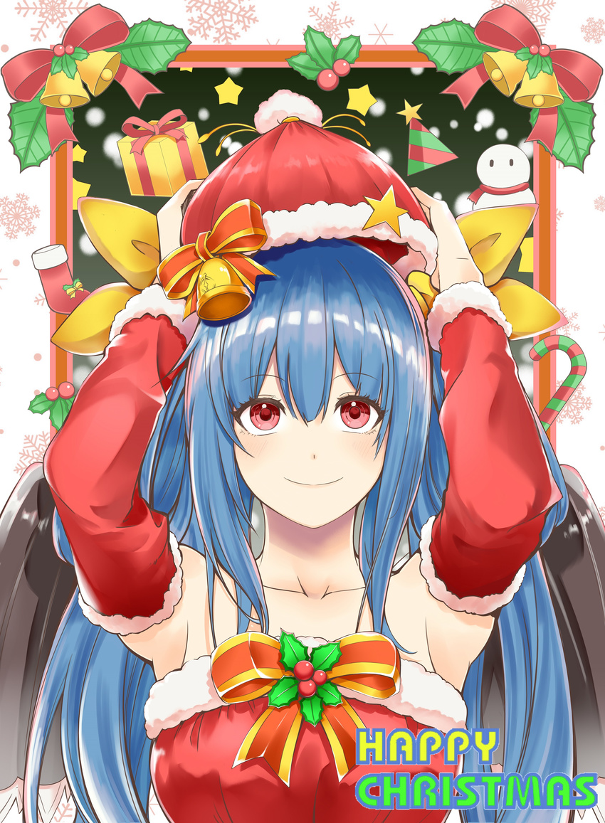 absurdres adjusting_clothes adjusting_hat akagane_u alternate_costume armpits bangs bell black_wings blue_hair blush bow bowtie box breasts christmas christmas_ornaments closed_mouth collarbone commentary_request detached_sleeves dizzy fur_trim gift gift_box guilty_gear hair_between_eyes hat highres long_hair long_sleeves medium_breasts merry_christmas red_eyes santa_hat smile snowing snowman socks solo star upper_body wings