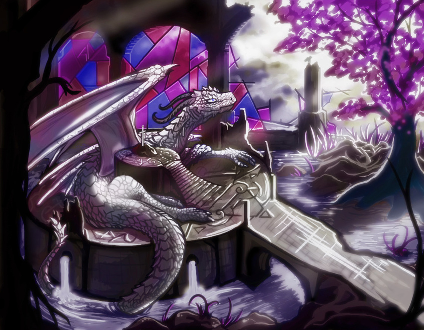 chromamancer claws curved_horn detailed_background dragon feral horn melee_weapon scales scalie solo sword weapon western_dragon white_eyes white_scales