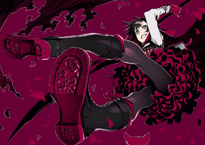bandolier black_footwear black_hair black_legwear boots cape cross-laced_footwear flower highres knee_boots lace-up_boots long_sleeves maroon_background miwa_shirou multicolored_hair pantyhose petals petticoat red red_cape red_hair rose rose_petals ruby_rose rwby scythe short_hair silver_eyes solo two-tone_hair