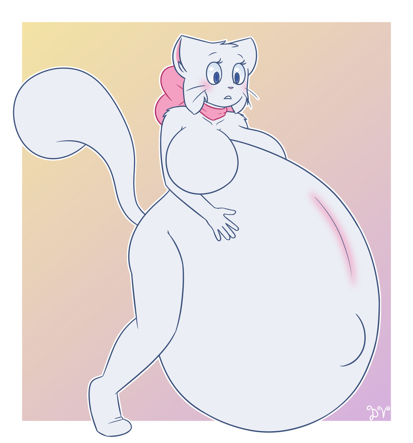 2017 anthro belly big_belly big_breasts bittersweet_candy_bowl blush bow breasts cat dawnvula feline female fur hi_res huge_breasts hyper hyper_belly inflation lucy_(bcb) mammal navel nude pink_nose pregnant simple_background solo standing teenager webcomic whiskers white_fur young