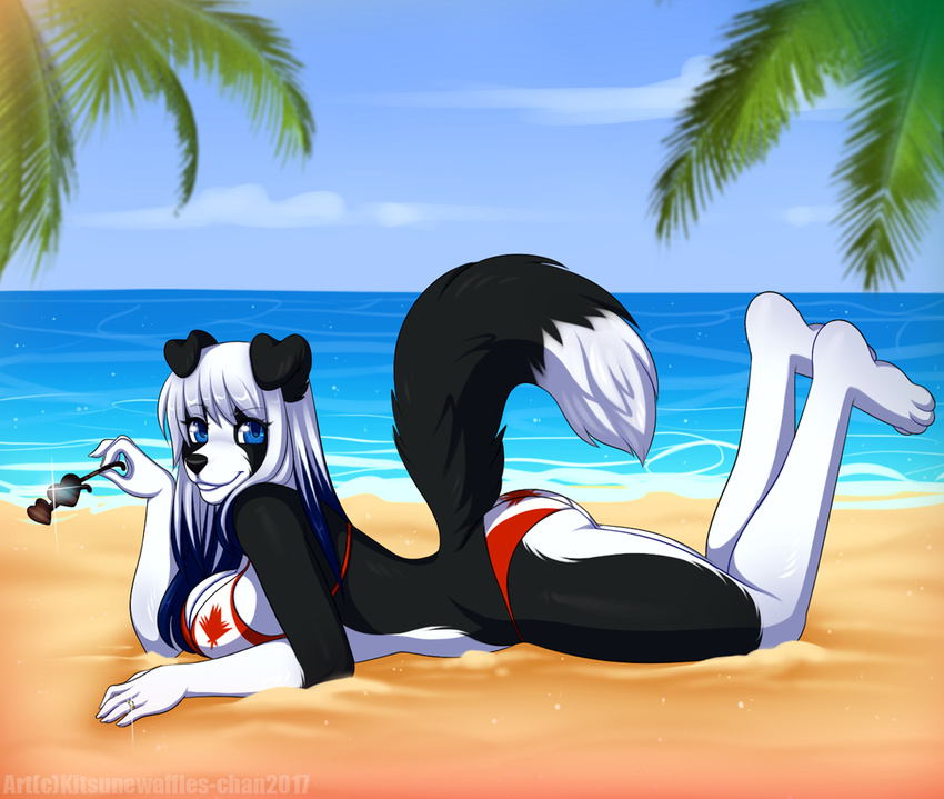 anthro beach bikini breasts canine clothing female kitsunewaffles-chan looking_at_viewer lying mammal on_front outside seaside smile solo swimsuit