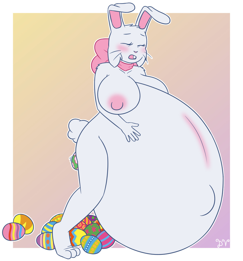 2017 anthro areola belly big_belly big_breasts birth bittersweet_candy_bowl blush bow breasts bunny_ears_(disambiguation) cat clothing dawnvula easter egg feline female fur holidays huge_breasts hyper hyper_belly inflation lagomorph lucy_(bcb) mammal navel nipples nude open_mouth oviposition pink_nose pregnant rabbit simple_background solo standing teenager transformation webcomic whiskers white_fur young