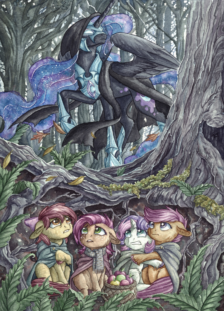 2015 amber_eyes apple apple_bloom_(mlp) armor babs_seed_(mlp) basket black_feathers black_fur blue_eyes cloak clothing day earth_pony equine fear feathered_wings feathers female feral food forest freckles friendship_is_magic fruit fur glowing glowing_eyes green_eyes group hair hair_bow hair_ribbon hi_res hiding hood hooves horn horse inner_ear_fluff leaves lord_of_the_rings mammal multicolored_hair my_little_pony nightmare_moon_(mlp) orange_eyes orange_fur outside pony purple_eyes purple_hair red_hair ribbons scared scarf scootaloo_(mlp) sweetie_belle_(mlp) the-wizard-of-art tree two_tone_hair unicorn winged_unicorn wings yellow_fur