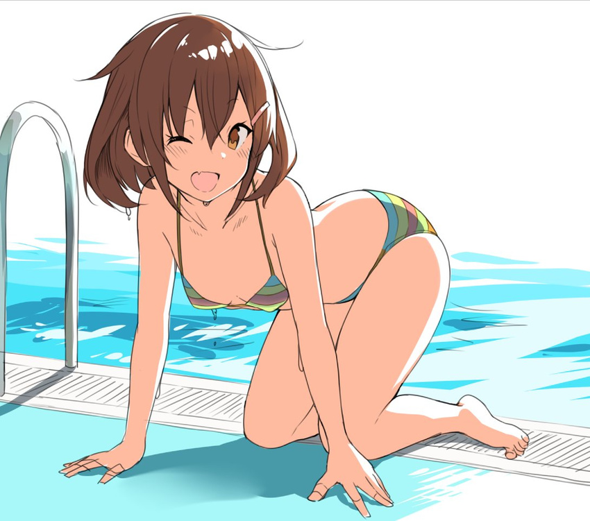 ;d all_fours arm_support bangs bare_arms bare_legs bare_shoulders barefoot bikini blush breasts brown_eyes brown_hair collarbone commentary_request drain_(object) dripping hair_between_eyes hair_ornament hairclip ikazuchi_(kantai_collection) kantai_collection looking_at_viewer matsunoki_(unknown_751) multicolored multicolored_bikini multicolored_clothes multicolored_stripes one_eye_closed open_mouth pool pool_ladder poolside short_hair sketch small_breasts smile solo striped striped_bikini swimsuit tareme water water_drop wet wet_hair
